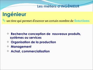 Les métiers d’INGÉNIEUR

Ingénieur
 un titre qui permet d’exercer un certain nombre de fonctions


   Recherche conception de nouveaux produits,
   systèmes ou services
   Organisation de la production
   Management
   Achat, commercialisation
 
