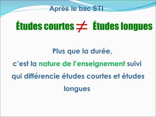 Après le bac STI

 Études courtes    ≠ Études longues
            Plus que la durée,
c’est la nature de l’enseignement suivi
qui différencie études courtes et études
               longues
 