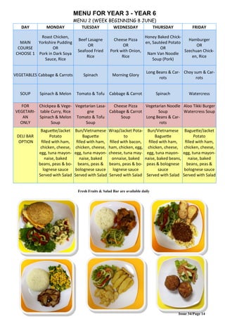 Issue 34/Page 14
MENU FOR YEAR 3 - YEAR 6
MENU 2 (WEEK BEGINNING 8 JUNE)
DAY MONDAY TUESDAY WEDNESDAY THURSDAY FRIDAY
MAIN
COURSE
CHOOSE 1
Roast Chicken,
Yorkshire Pudding
OR
Pork in Dark Soya
Sauce, Rice
Beef Lasagne
OR
Seafood Fried
Rice
Cheese Pizza
OR
Pork with Onion,
Rice
Honey Baked Chick-
en, Sautéed Potato
OR
Nam Van Noodle
Soup (Pork)
Hamburger
OR
Szechuan Chick-
en, Rice
VEGETABLES Cabbage & Carrots Spinach Morning Glory
Long Beans & Car-
rots
Choy sum & Car-
rots
SOUP Spinach & Melon Tomato & Tofu Cabbage & Carrot Spinach Watercress
FOR
VEGETARI-
AN
ONLY
Chickpea & Vege-
table Curry, Rice
Spinach & Melon
Soup
Vegetarian Lasa-
gne
Tomato & Tofu
Soup
Cheese Pizza
Cabbage & Carrot
Soup
Vegetarian Noodle
Soup
Long Beans & Car-
rots
Aloo Tikki Burger
Watercress Soup
DELI BAR
OPTION
Baguette/Jacket
Potato
filled with ham,
chicken, cheese,
egg, tuna mayon-
naise, baked
beans, peas & bo-
lognese sauce
Served with Salad
Bun/Vietnamese
Baguette
filled with ham,
chicken, cheese,
egg, tuna mayon-
naise, baked
beans, peas &
bolognese sauce
Served with Salad
Wrap/Jacket Pota-
to
filled with bacon,
ham, chicken, egg,
cheese, tuna may-
onnaise, baked
beans, peas & bo-
lognese sauce
Served with Salad
Bun/Vietnamese
Baguette
filled with ham,
chicken, cheese,
egg, tuna mayon-
naise, baked beans,
peas & bolognese
sauce
Served with Salad
Baguette/Jacket
Potato
filled with ham,
chicken, cheese,
egg, tuna mayon-
naise, baked
beans, peas &
bolognese sauce
Served with Salad
Fresh Fruits & Salad Bar are available daily
 