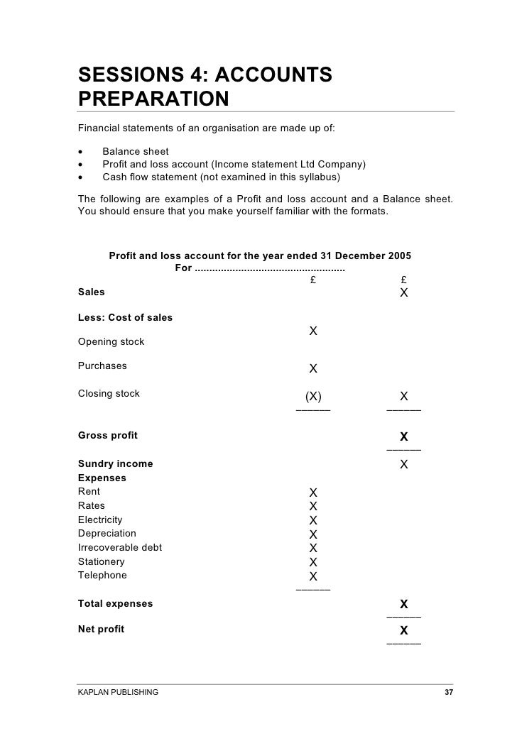 p and l statement template