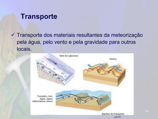 Transporte 
Transporte dos materiais resultantes da meteorização pela água, pelo vento e pela gravidade para outros locais. 
10 
cienTIC  