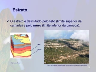 Estrato 
O estrato é delimitado pelo teto(limite superior da camada) e pelo muro(limite inferior da camada). 
12 
Serra da Arrábida –estratificação horizontal (Fonte: Carlos Almeida, 2006) 
http://www.fi.edu 
teto 
muro  