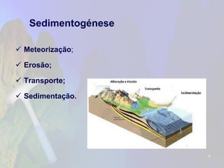 Sedimentogénese 
Meteorização; 
Erosão; 
Transporte; 
Sedimentação. 
7 
 