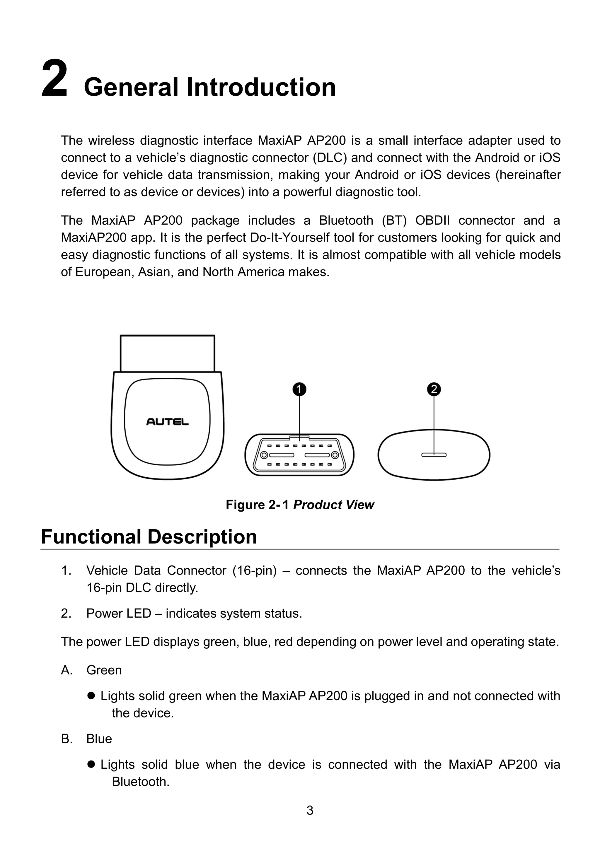 3
2 General Introduction
The wireless diagnostic interface MaxiAP AP200 is a small interface adapter used to
connect to a vehicle’s diagnostic connector (DLC) and connect with the Android or iOS
device for vehicle data transmission, making your Android or iOS devices (hereinafter
referred to as device or devices) into a powerful diagnostic tool.
The MaxiAP AP200 package includes a Bluetooth (BT) OBDII connector and a
MaxiAP200 app. It is the perfect Do-It-Yourself tool for customers looking for quick and
easy diagnostic functions of all systems. It is almost compatible with all vehicle models
of European, Asian, and North America makes.
Functional Description
1. Vehicle Data Connector (16-pin) – connects the MaxiAP AP200 to the vehicle’s
16-pin DLC directly.
2. Power LED – indicates system status.
The power LED displays green, blue, red depending on power level and operating state.
A. Green
 Lights solid green when the MaxiAP AP200 is plugged in and not connected with
the device.
B. Blue
 Lights solid blue when the device is connected with the MaxiAP AP200 via
Bluetooth.
Figure 2- 1 Product View
 