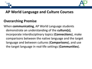 AP World Language and Culture Courses Overarching Premise  When  communicating , AP World Language students demonstrate an understanding of the  culture(s) , incorporate interdisciplinary topics ( Connections ), make comparisons between the native language and the target language and between cultures ( Comparisons ), and use the target language in real-life settings ( Communities ). 