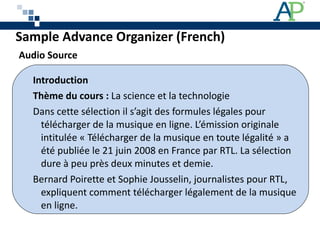 Introduction  Thème du cours :  La science et la technologie  Dans cette sélection il s’agit des formules légales pour télécharger de la musique en ligne. L’émission originale intitulée « Télécharger de la musique en toute légalité » a été publiée le 21 juin 2008 en France par RTL. La sélection dure à peu près deux minutes et demie.   Bernard Poirette et Sophie Jousselin, journalistes pour RTL, expliquent comment télécharger légalement de la musique en ligne. Sample Advance Organizer (French)    Audio Source 