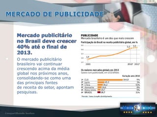 O mercado publicitário
brasileiro vai continuar
crescendo acima da média
global nos próximos anos,
consolidando-se como uma
das principais fontes
de receita do setor, apontam
pesquisas.
 