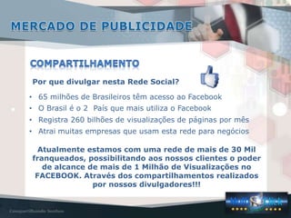 Por que divulgar nesta Rede Social?

• 65 milhões de Brasileiros têm acesso ao Facebook
• O Brasil é o 2 País que mais utiliza o Facebook
• Registra 260 bilhões de visualizações de páginas por mês
• Atrai muitas empresas que usam esta rede para negócios

  Atualmente estamos com uma rede de mais de 30 Mil
franqueados, possibilitando aos nossos clientes o poder
   de alcance de mais de 1 Milhão de Visualizações no
 FACEBOOK. Através dos compartilhamentos realizados
               por nossos divulgadores!!!
 