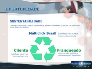 Um plano de vida e carreira sustentáveis, pela existência de produtos de qualidade
como base do negócio



                                                        •Reconhecimento mundial
                                                        •Crescimento constante




                                                        •Remuneração satisfatória
 •Satisfação no serviço
                                                        •Reconhecimento profissional
    •Retorno financeiro
 