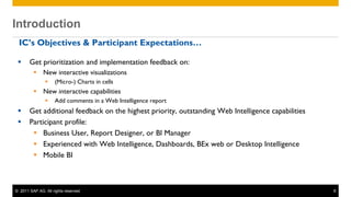 Introduction
 Introduction
  IC’s Objectives & Participant Expectations…

       Get prioritization and implementation feedback on:
           New interactive visualizations
                     (Micro-) Charts in cells
           New interactive capabilities
                     Add comments in a Web Intelligence report
       Get additional feedback on the highest priority, outstanding Web Intelligence capabilities
       Participant profile:
          Business User, Report Designer, or BI Manager
          Experienced with Web Intelligence, Dashboards, BEx web or Desktop Intelligence
          Mobile BI



 © 2011 SAP AG. All rights reserved.                                                                 6
 