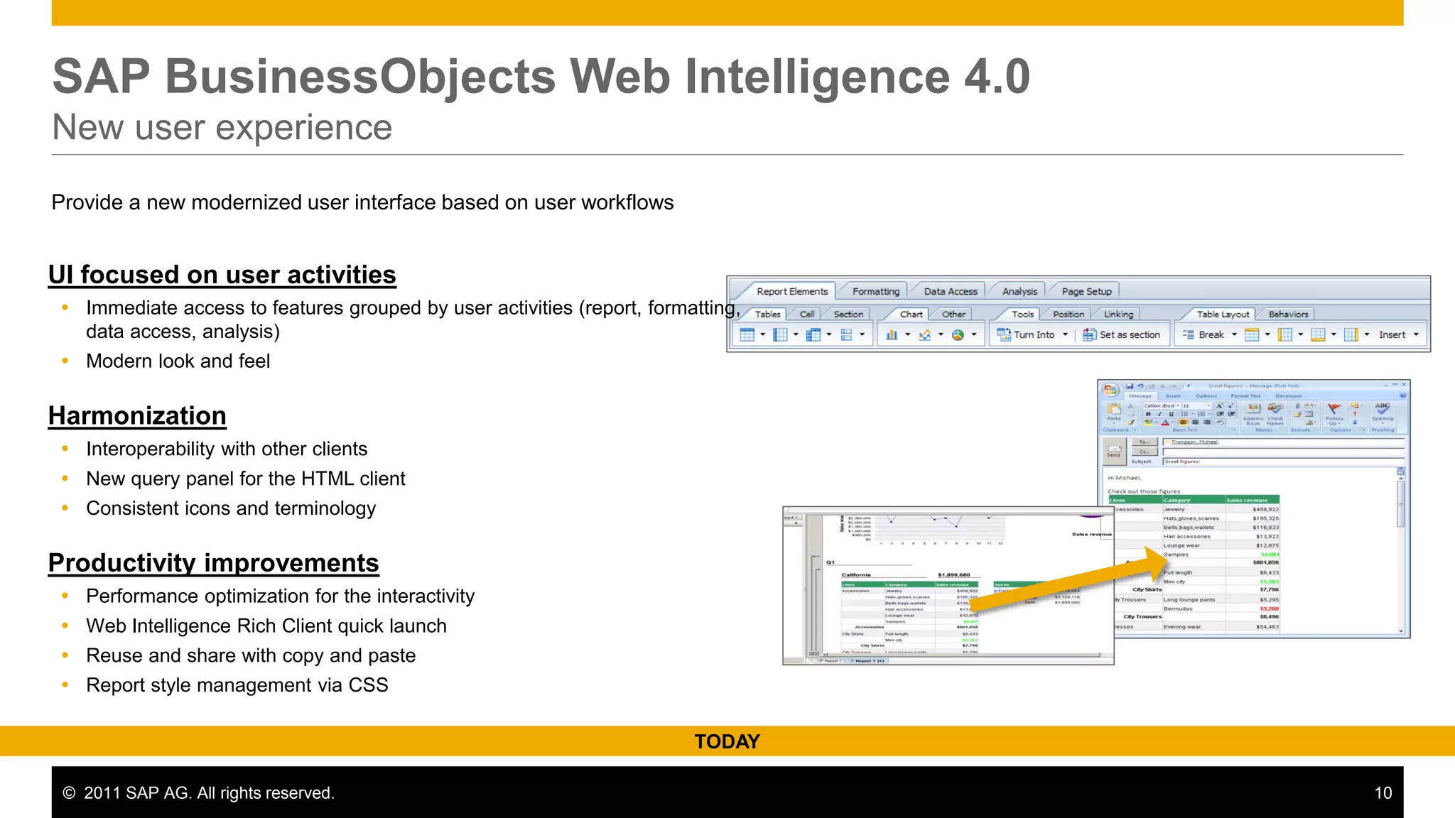 SAP BusinessObjects Web Intelligence 4.0
New user experience
Provide a new modernized user interface based on user workflows


UI focused on user activities
  Immediate access to features grouped by user activities (report, formatting,
   data access, analysis)
  Modern look and feel

Harmonization
  Interoperability with other clients
  New query panel for the HTML client
  Consistent icons and terminology

Productivity improvements
  Performance optimization for the interactivity
  Web Intelligence Rich Client quick launch
  Reuse and share with copy and paste
  Report style management via CSS

                                                                         TODAY

 © 2011 SAP AG. All rights reserved.                                              10
 