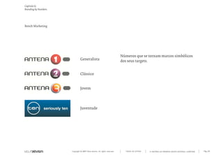 Copyright © 2007 Mola-ativism. All rights reserved. Pág_68TODAS AS LETRAS
Capítulo k)
Branding by Numbers.
A HISTÓRIA DO PRIMEIRO GRUPO EDITORIAL LUSÓFONO.
Números que se tornam marcos simbólicos
dos seus targets.
Bench Marketing
Generalista
Clássico
Jovem
Juventude
 