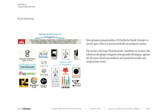 Copyright © 2007 Mola-ativism. All rights reserved. Pág_84TODAS AS LETRAS
Capítulo m)
A organização das letras
A HISTÓRIA DO PRIMEIRO GRUPO EDITORIAL LUSÓFONO.
Bench Marketing
Dos grupos pesquisados, O Hachette Book Group é o
único que coloca a nacionalidade no próprio nome.
Tal como o Groupe Flammarion, também os nomes das
editoras do grupo surgem com grande destaque, apesar
de só num nível secundário ser possível aceder aos
respectivos sites.
 