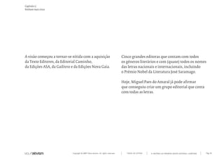 Capítulo c)
Venham mais cinco




A visão começou a tornar-se nítida com a aquisição                                Cinco grandes editoras que contam com todos
da Texto Editores, da Editorial Caminho,                                          os géneros literários e com (quase) todos os nomes
da Edições ASA, da Gailivro e da Edições Nova Gaia.                               das letras nacionais e internacionais, incluindo
                                                                                  o Prémio Nobel da Literatura José Saramago.

                                                                                  Hoje, Miguel Paes do Amaral já pode afirmar
                                                                                  que conseguiu criar um grupo editorial que conta
                                                                                  com todas as letras.




                            Copyright © 2007 Mola-ativism. All rights reserved.      TODAS AS LETRAS   A HISTÓRIA DO PRIMEIRO GRUPO EDITORIAL LUSÓFONO.   Pág_10
 