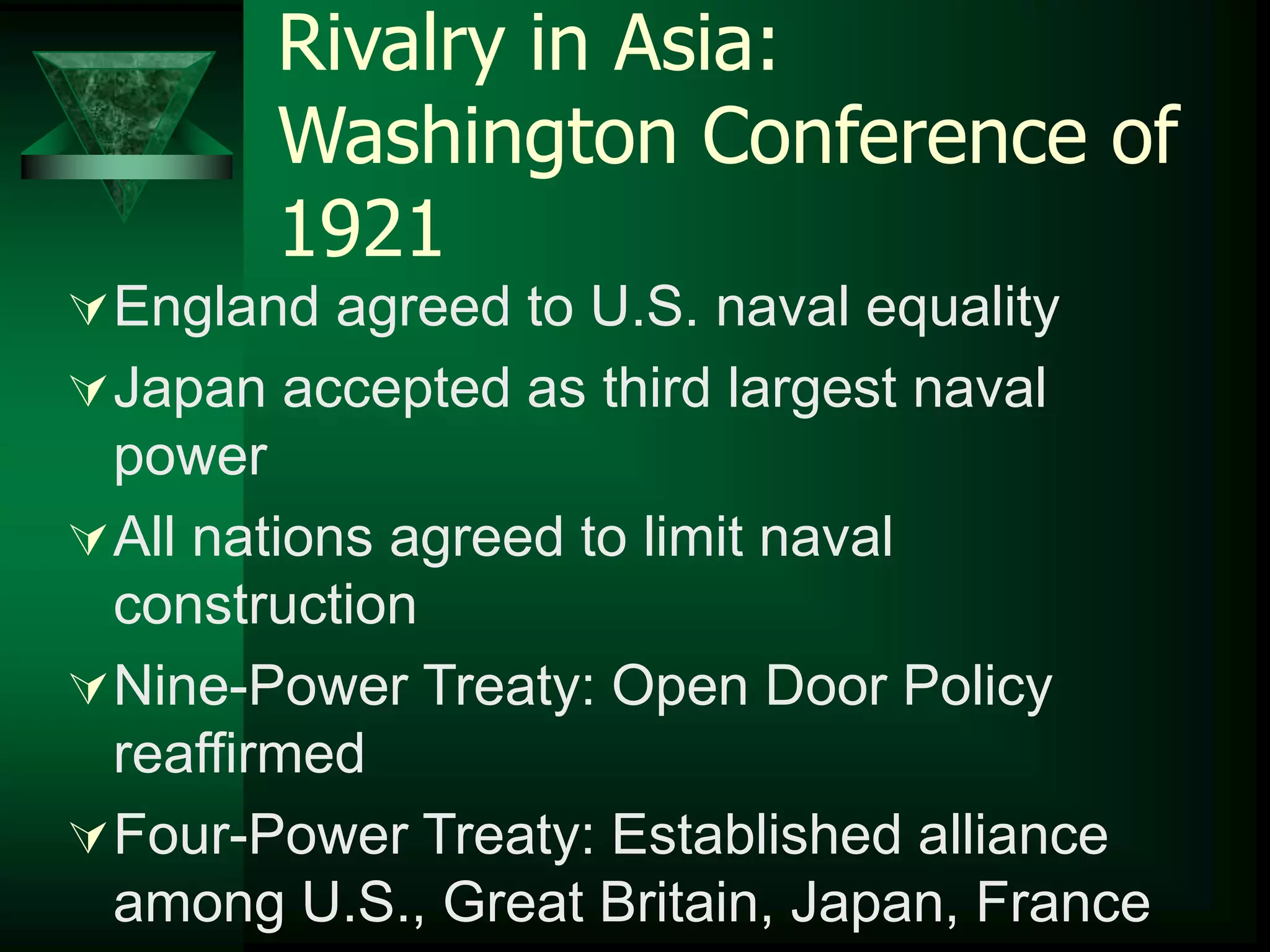 Rivalry in Asia: 
Washington Conference of 
1921 
England agreed to U.S. naval equality 
Japan accepted as third largest naval 
power 
All nations agreed to limit naval 
construction 
Nine-Power Treaty: Open Door Policy 
reaffirmed 
Four-Power Treaty: Established alliance 
among U.S., Great Britain, Japan, France 
 