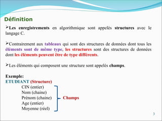 3
Définition
Les enregistrements en algorithmique sont appelés structures avec le
langage C.
Contrairement aux tableaux qui sont des structures de données dont tous les
éléments sont de même type, les structures sont des structures de données
dont les éléments peuvent être de type différents.
Les éléments qui composent une structure sont appelés champs.
Exemple:
ETUDIANT (Structure)
CIN (entier)
Nom (chaine)
Prénom (chaine) Champs
Age (entier)
Moyenne (réel)
 
