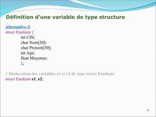 6
Alternative-2:
struct Etudiant {
int CIN;
char Nom[30];
char Prenom[30];
int Age;
float Moyenne;
};
// Déclaration des variables e1 et e2 de type struct Etudiant
struct Etudiant e1, e2;
Définition d’une variable de type structure
 