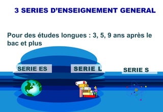 3 SERIES D’ENSEIGNEMENT GENERAL


Pour des études longues : 3, 5, 9 ans après le
bac et plus


   SERIE ES          SERIE L        SERIE S
 