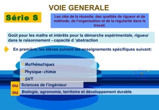 VOIE GENERALE
Série S                Les clés de la réussite, des qualités de rigueur et de
                       méthode, de l’organisation et de la régularité dans le
                                               travail.

Goût pour les maths et intérêts pour la démarche expérimentale, rigueur
dans le raisonnement - capacité d ’abstraction

  En première, les élèves suivent les enseignements spécifiques suivant:


      Mathématiques
      Physique-chimie
     SVT
  ou Sciences de l’ingénieur
  ou Biologie, agronomie, territoire et développement durable
 