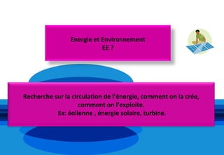 Energie et Environnement
                           EE ?




Recherche sur la circulation de l’énergie, comment on la crée,
                    comment on l’exploite.
           Ex: éolienne , énergie solaire, turbine.
 