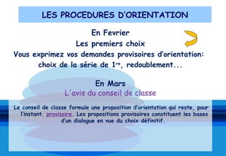 LES PROCEDURES D’ORIENTATION

                     En Fevrier
                 Les premiers choix
Vous exprimez vos demandes provisoires d’orientation:
      choix de la série de 1re, redoublement...

                            En Mars
                   L'avis du conseil de classe
Le conseil de classe formule une proposition d’orientation qui reste, pour
  l’instant, provisoire. Les propositions provisoires constituent les bases
                   d’un dialogue en vue du choix définitif.
 