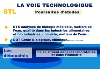 LA VOIE TECHNOLOGIQUE
STL             Poursuites d’études



   BTS analyses de biologie médicale, métiers de
   l’eau, qualité dans les industries alimentaires
   et bio industries, chimiste, métiers de l’eau…
   DUT Génie Biologique, chimique……………


Les              Ils se situent dans les laboratoires
débouchés                  et dans l’industrie
 