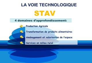 LA VOIE TECHNOLOGIQUE

             STAV
4 domaines d’approfondissement:
      Production Agricole

      Transformation de produits alimentaires

      Aménagement et valorisation de l’espace

      Services en milieu rural
 