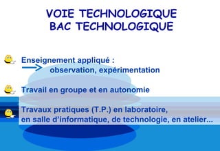 VOIE TECHNOLOGIQUE
      BAC TECHNOLOGIQUE


Enseignement appliqué :
       observation, expérimentation

Travail en groupe et en autonomie

Travaux pratiques (T.P.) en laboratoire,
en salle d’informatique, de technologie, en atelier...
 