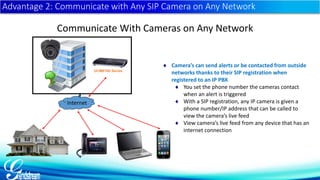 Advantage 2: Communicate with Any SIP Camera on Any Network 
Communicate With Cameras on Any Network 
 Camera’s can send alerts or be contacted from outside 
networks thanks to their SIP registration when 
registered to an IP PBX 
 You set the phone number the cameras contact 
when an alert is triggered 
 With a SIP registration, any IP camera is given a 
phone number/IP address that can be called to 
view the camera’s live feed 
 View camera’s live feed from any device that has an 
internet connection 
Internet 
UCM6100 Series 
 