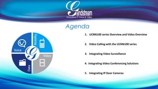 Agenda 
1. UCM6100 series Overview and Video Overview 
2. Video Calling with the UCM6100 series 
3. Integrating Video Surveillance 
4. Integrating Video Conferencing Solutions 
5. Integrating IP Door Cameras 
 