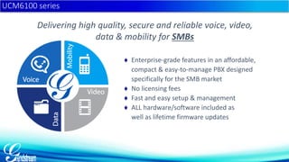 Delivering high quality, secure and reliable voice, video, 
data & mobility for SMBs 
 Enterprise-grade features in an affordable, 
compact & easy-to-manage PBX designed 
specifically for the SMB market 
 No licensing fees 
 Fast and easy setup & management 
 ALL hardware/software included as 
well as lifetime firmware updates 
UCM6100 series 
 