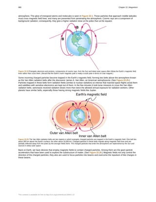 atmosphere. This glow of energized atoms and molecules is seen in Figure 22.1. Those particles that approach middle latitudes
must cross magnetic field lines, and many are prevented from penetrating the atmosphere. Cosmic rays are a component of
background radiation; consequently, they give a higher radiation dose at the poles than at the equator.
Figure 22.24 Energetic electrons and protons, components of cosmic rays, from the Sun and deep outer space often follow the Earth’s magnetic field
lines rather than cross them. (Recall that the Earth’s north magnetic pole is really a south pole in terms of a bar magnet.)
Some incoming charged particles become trapped in the Earth’s magnetic field, forming two belts above the atmosphere known
as the Van Allen radiation belts after the discoverer James A. Van Allen, an American astrophysicist. (See Figure 22.25.)
Particles trapped in these belts form radiation fields (similar to nuclear radiation) so intense that manned space flights avoid them
and satellites with sensitive electronics are kept out of them. In the few minutes it took lunar missions to cross the Van Allen
radiation belts, astronauts received radiation doses more than twice the allowed annual exposure for radiation workers. Other
planets have similar belts, especially those having strong magnetic fields like Jupiter.
Figure 22.25 The Van Allen radiation belts are two regions in which energetic charged particles are trapped in the Earth’s magnetic field. One belt lies
about 300 km above the Earth’s surface, the other about 16,000 km. Charged particles in these belts migrate along magnetic field lines and are
partially reflected away from the poles by the stronger fields there. The charged particles that enter the atmosphere are replenished by the Sun and
sources in deep outer space.
Back on Earth, we have devices that employ magnetic fields to contain charged particles. Among them are the giant particle
accelerators that have been used to explore the substructure of matter. (See Figure 22.26.) Magnetic fields not only control the
direction of the charged particles, they also are used to focus particles into beams and overcome the repulsion of like charges in
these beams.
980 Chapter 22 | Magnetism
This content is available for free at http://cnx.org/content/col11844/1.13
 