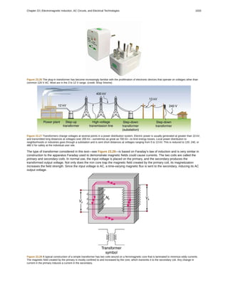 Figure 23.26 The plug-in transformer has become increasingly familiar with the proliferation of electronic devices that operate on voltages other than
common 120 V AC. Most are in the 3 to 12 V range. (credit: Shop Xtreme)
Figure 23.27 Transformers change voltages at several points in a power distribution system. Electric power is usually generated at greater than 10 kV,
and transmitted long distances at voltages over 200 kV—sometimes as great as 700 kV—to limit energy losses. Local power distribution to
neighborhoods or industries goes through a substation and is sent short distances at voltages ranging from 5 to 13 kV. This is reduced to 120, 240, or
480 V for safety at the individual user site.
The type of transformer considered in this text—see Figure 23.28—is based on Faraday’s law of induction and is very similar in
construction to the apparatus Faraday used to demonstrate magnetic fields could cause currents. The two coils are called the
primary and secondary coils. In normal use, the input voltage is placed on the primary, and the secondary produces the
transformed output voltage. Not only does the iron core trap the magnetic field created by the primary coil, its magnetization
increases the field strength. Since the input voltage is AC, a time-varying magnetic flux is sent to the secondary, inducing its AC
output voltage.
Figure 23.28 A typical construction of a simple transformer has two coils wound on a ferromagnetic core that is laminated to minimize eddy currents.
The magnetic field created by the primary is mostly confined to and increased by the core, which transmits it to the secondary coil. Any change in
current in the primary induces a current in the secondary.
Chapter 23 | Electromagnetic Induction, AC Circuits, and Electrical Technologies 1033
 