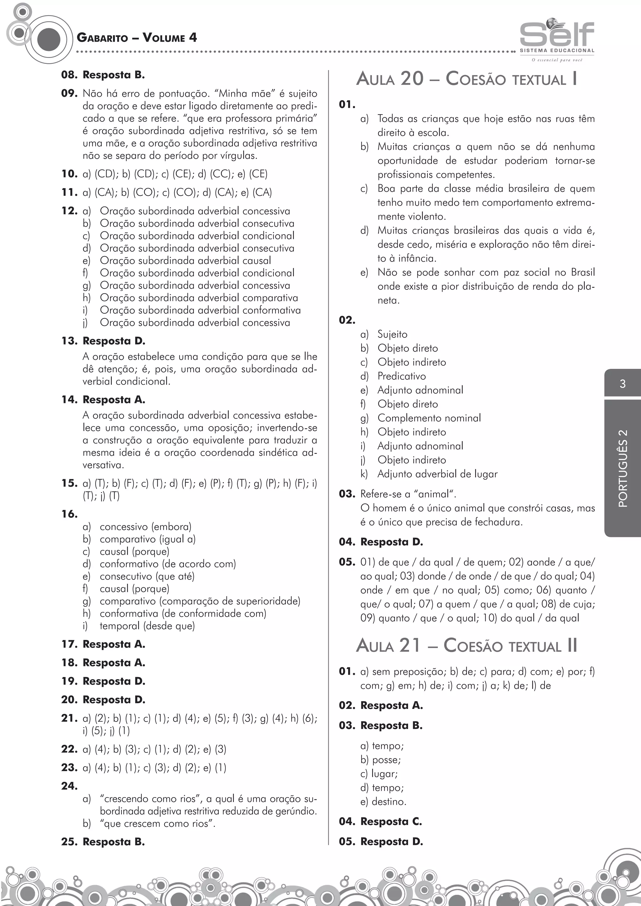 Gabarito – Volume 4

AulA 20 – coesão

08. Resposta B.

a) Todas as crianças que hoje estão nas ruas têm
direito à escola.
b) Muitas crianças a quem não se dá nenhuma
oportunidade de estudar poderiam tornar-se
profissionais competentes.
c) Boa parte da classe média brasileira de quem
tenho muito medo tem comportamento extremamente violento.
d) Muitas crianças brasileiras das quais a vida é,
desde cedo, miséria e exploração não têm direito à infância.
e) Não se pode sonhar com paz social no Brasil
onde existe a pior distribuição de renda do planeta.

11. a) (CA); b) (CO); c) (CO); d) (CA); e) (CA)
Oração subordinada adverbial concessiva
Oração subordinada adverbial consecutiva
Oração subordinada adverbial condicional
Oração subordinada adverbial consecutiva
Oração subordinada adverbial causal
Oração subordinada adverbial condicional
Oração subordinada adverbial concessiva
Oração subordinada adverbial comparativa
Oração subordinada adverbial conformativa
Oração subordinada adverbial concessiva

13. Resposta D.
A oração estabelece uma condição para que se lhe
dê atenção; é, pois, uma oração subordinada adverbial condicional.
14. Resposta A.
A oração subordinada adverbial concessiva estabelece uma concessão, uma oposição; invertendo-se
a construção a oração equivalente para traduzir a
mesma ideia é a oração coordenada sindética adversativa.
15. a) (T); b) (F); c) (T); d) (F); e) (P); f) (T); g) (P); h) (F); i)
(T); j) (T)
16.

a)
b)
c)
d)
e)
f)
g)
h)
i)

concessivo (embora)
comparativo (igual a)
causal (porque)
conformativo (de acordo com)
consecutivo (que até)
causal (porque)
comparativo (comparação de superioridade)
conformativa (de conformidade com)
temporal (desde que)

17. Resposta A.
18. Resposta A.
19. Resposta D.
20. Resposta D.
21. a) (2); b) (1); c) (1); d) (4); e) (5); f) (3); g) (4); h) (6);
i) (5); j) (1)
22. a) (4); b) (3); c) (1); d) (2); e) (3)
23. a) (4); b) (1); c) (3); d) (2); e) (1)
24.

a) “crescendo como rios”, a qual é uma oração subordinada adjetiva restritiva reduzida de gerúndio.
b) “que crescem como rios”.

25. Resposta B.

i

01.

10. a) (CD); b) (CD); c) (CE); d) (CC); e) (CE)
12. a)
b)
c)
d)
e)
f)
g)
h)
i)
j)

TexTuAl

02.
a)
b)
c)
d)
e)
f)
g)
h)
i)
j)
k)

Sujeito
Objeto direto
Objeto indireto
Predicativo
Adjunto adnominal
Objeto direto
Complemento nominal
Objeto indireto
Adjunto adnominal
Objeto indireto
Adjunto adverbial de lugar

03. Refere-se a “animal“.
O homem é o único animal que constrói casas, mas
é o único que precisa de fechadura.
04. Resposta D.
05. 01) de que / da qual / de quem; 02) aonde / a que/
ao qual; 03) donde / de onde / de que / do qual; 04)
onde / em que / no qual; 05) como; 06) quanto /
que/ o qual; 07) a quem / que / a qual; 08) de cuja;
09) quanto / que / o qual; 10) do qual / da qual

AulA 21 – coesão TexTuAl ii
01. a) sem preposição; b) de; c) para; d) com; e) por; f)
com; g) em; h) de; i) com; j) a; k) de; l) de
02. Resposta A.
03. Resposta B.
a) tempo;
b) posse;
c) lugar;
d) tempo;
e) destino.
04. Resposta C.
05. Resposta D.

3

português 2

09. Não há erro de pontuação. “Minha mãe” é sujeito
da oração e deve estar ligado diretamente ao predicado a que se refere. “que era professora primária”
é oração subordinada adjetiva restritiva, só se tem
uma mãe, e a oração subordinada adjetiva restritiva
não se separa do período por vírgulas.

 