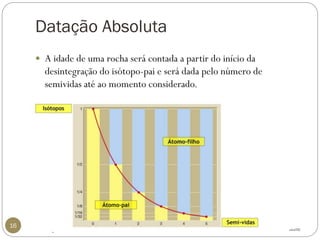 Datação Absoluta 
16 
A idade de uma rocha será contada a partir do início da desintegração do isótopo-pai e será dada pelo número de semividas até ao momento considerado. 
. 
cienTIC  