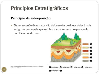 Princípios Estratigráficos 
5 
Princípio da sobreposição 
Numa sucessão de estratos não deformados qualquer deles é mais antigo do que aquele que o cobre e mais recente do que aquele que lhe serve de base. 
http://estratigrafiaepaleontologia2010.blogspot.pt/2010/12/principios- fundamentais-da.html  