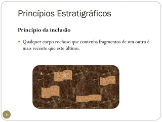 Princípios Estratigráficos 
8 
Princípio da inclusão 
Qualquer corpo rochoso que contenha fragmentos de um outro é mais recente que este último. 
A 
B  