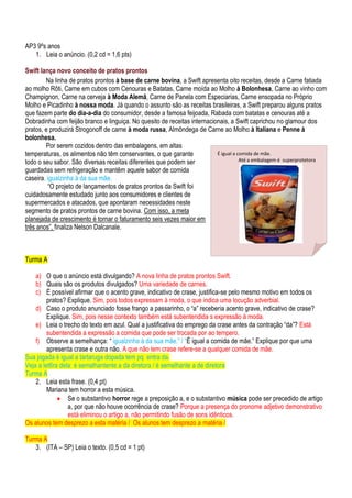 AP3 9ºs anos<br />Leia o anúncio. (0,2 cd = 1,6 pts)<br />Swift lança novo conceito de pratos prontos<br />Na linha de pratos prontos à base de carne bovina, a Swift apresenta oito receitas, desde a Carne fatiada ao molho Rôti, Carne em cubos com Cenouras e Batatas, Carne moída ao Molho à Bolonhesa, Carne ao vinho com Champignon, Carne na cerveja à Moda Alemã, Carne de Panela com Especiarias, Carne ensopada no Próprio Molho e Picadinho à nossa moda. Já quando o assunto são as receitas brasileiras, a Swift preparou alguns pratos que fazem parte do dia-a-dia do consumidor, desde a famosa feijoada, Rabada com batatas e cenouras até a Dobradinha com feijão branco e linguiça. No quesito de receitas internacionais, a Swift caprichou no glamour dos pratos, e produzirá Strogonoff de carne à moda russa, Almôndega de Carne ao Molho à Italiana e Penne à bolonhesa. <br />Por serem cozidos dentro das embalagens, em altas temperaturas, os alimentos não têm conservantes, o que garante todo o seu sabor. São diversas receitas diferentes que podem ser guardadas sem refrigeração e mantêm aquele sabor de comida caseira, igualzinha à da sua mãe.<br /> “O projeto de lançamentos de pratos prontos da Swift foi cuidadosamente estudado junto aos consumidores e clientes de supermercados e atacados, que apontaram necessidades neste segmento de pratos prontos de carne bovina. Com isso, a meta planejada de crescimento é tornar o faturamento seis vezes maior em três anos”, finaliza Nelson Dalcanale.<br />Turma A<br />É igual a comida de mãe.Até a embalagem é  superprotetoraO que o anúncio está divulgando? A nova linha de pratos prontos Swift.<br />Quais são os produtos divulgados? Uma variedade de carnes.<br />É possível afirmar que o acento grave, indicativo de crase, justifica-se pelo mesmo motivo em todos os pratos? Explique. Sim, pois todos expressam à moda, o que indica uma locução adverbial.<br />Caso o produto anunciado fosse frango a passarinho, o “a” receberia acento grave, indicativo de crase? Explique. Sim, pois nesse contexto também está subentendida s expressão à moda.<br />Leia o trecho do texto em azul. Qual a justificativa do emprego da crase antes da contração “da”? Está subentendida a expressão a comida que pode ser trocada por ao tempero.<br />Observe a semelhança: “ igualzinha à da sua mãe.” / “É igual a comida de mãe.” Explique por que uma  apresenta crase e outra não. A que não tem crase refere-se a qualquer comida de mãe.<br />Sua jogada é igual a tartaruga dopada tem pq  entra da.<br />Veja a let6ra dela: é semalhantente a da diretora / é semelhante a de diretora<br />Turma A<br />Leia esta frase. (0,4 pt)<br />Mariana tem horror a esta música.<br />Se o substantivo horror rege a preposição a, e o substantivo música pode ser precedido de artigo a, por que não houve ocorrência de crase? Porque a presença do pronome adjetivo demonstrativo está eliminou o artigo a, não permitindo fusão de sons idênticos.<br />Os alunos tem desprezo a esta matéria /  Os alunos tem desprezo a matéria /  <br />Turma A<br />(ITA – SP) Leia o texto. (0,5 cd = 1 pt)<br />O Programa Mulheres está mudando. Novo cenário, novos apresentadores, muito charme, mais informação, moda, comportamento e prestação de serviços. Assista amanhã, a revista eletrônica feminina que é a referência do gênero na TV.                                                                                                                                                                                                                                                                                    <br />O verbo assistir, empregado em linguagem coloquial, está em desacordo com a norma gramatical.<br />Reescreva o último período de acordo coma norma. Assista à revista eletrônica ... <br />Justifique a correção. Assistir significando “ver”, é transitivo indireto e rege a preposição a iniciando o objeto indireto. Essa preposição funde-se com o artigo a que acompanha o substantivo revista, originando a crase. Assista hoje, a dica Enem postada no face book pela prof Ayla.<br /> <br />Turma A    <br />Considere estas duas frases: ( 0,5 cd = 1,5 pts)<br />Já informei às partes interessadas que o contrato será enviado a Isabel, à advogada e a você.Já informei as partes interessadas de que o contrato será enviado à Isabel, a advogada, e a você.                                                                                                                                                                             <br />Explique por que, na frase 1, o primeiro as recebe sinal de crase, mas, na frase 2, o sinal não deve ser usado. Em 1, às partes interessadas é objeto indireto de informei; em 2,  é objeto direto de informei (informei # + as partes)      <br />Nas duas frases, as formas a e às que antecedem o nome “Isabel” estão corretas quanto ao sinal de crase? Justifique. Sim, antes de nome de mulher o sinal é opcional.<br />As formas à e a que antecedem o nome “advogada” estão corretas quanto ao emprego do sinal de crase? Justifique. Sim, em 1 pode ser trocado por advogado, logo é objeto indireto; em 2, é apenas artigo, já que a advogada é aposto de “Isabel”. <br />Já disse às alunas atletas que o jogo será avisado a Socorro, a coordenação e a senhora.<br />Já disse às alunas atletas que o jogo será avisado à Socorro, a coordenação e a senhora.<br />Já disse às alunas atletas que o jogo será avisado a Socorro, a coordenação e a você.<br />Turma A<br />Em um estacionamento externo de uma empresa de transportes foi afixada, em um muro, a seguinte placa de orientação: <br />MotoristasObedeça as faixas amarelas<br />Alunos siga as orientações indicadas<br />Certo dia, ao lado da placa, apareceu esta outra frase, escrita com spray, por algum zeloso, mas meio desatento, defensor da língua portuguesa. <br /> MOTORISTAS OBEDEÇAM A GRAMÁTICA.<br />Se você tivesse a oportunidade de dar continuidade à “brincadeira” do grafiteiro, que mensagem escreveria para ele? (1 pt) Grafiteiro, obedeça à gramática . Motorista, na placa, é vocativo, portanto deve ser separado por vírgula; “obedecer” exige a, que com o artigo a, dá origem à crase. <br />Observe os cartazes abaixo:<br />        F a v o r   não bater à portaFavor não bater a porta.<br />Qual dos dois somente faria sentido se afixado do lado de dentro da porta de uma sala? Justifique. (1 pt)<br />O cartaz azul poderia ficar dentro ou fora, fechar sem barulho. O vermelho teria que ser afixado do lado de fora, pois pede ao leitor para não bater, não incomodar.<br />(Unicamp-SP) Considere esta frase.<br />“Matte a vontade. Mate Leão.”<br />Matte à vontade                2. Mate a vontade.        3. Mate à vontade. <br />Complete cada uma das construções acima com palavras ou expressões que explicitem as leituras possíveis relacionadas á propaganda, já que as informações são ambíguas. (0,25cd =0,75 pt) <br />Beba chá Matte Leão à vontade; mate a vontade de beber esse chá; Mate sua sede à vontade com Matte Leão.<br />Retome a propaganda e explique o seu funcionamento, explicitando as relações morfológicas, sintáticas e semânticas envolvidas. (0,5 cd = 1 pt) <br />Na primeira, a polissemia se explica por ser substantivo ou verbo: beba muito ou elimine a vontade. <br />Sintaticamente, se o termo “matte”  for interpretado como verbo, “a vontade funcionará como objeto direto desse verbo; se for interpretado como substantivo, “ a vontade” funcionará como adjunto adverbial de um verbo. <br />Explique por que não se usa crase nas palavras destacadas. (0,25 cd = 0,75)<br />A resistência ao sol e ao calor foi avaliada antes e depois da exposição a uma temperatura de 40ºC.<br />Fomos a Paraty e conhecemos um pouco da arquitetura colonial.<br />O juiz colocou os réus frente a frente.<br />A crise (ou seria a crase?) Publicado em outubro 9, 2007 por Sarah Piasentin <br />Eu estou à três anos no Mackenzie. Curso jornalismo, gosto bastante de escrever, e…<br />(Sim, eu estou HÁ três anos no Mackenzie, mas só pelo começo do texto dá para perceber que não faz muita diferença este tempo todo na faculdade…)<br />Esta cena ocorre com mais frequência do que o leitor pode imaginar. Não sou só eu, mas muitos jornalistas andam por aí colocando crases onde não devem, e se esquecendo de outras que deveriam colocar. Mas, afinal de contas, pra que serve aquele maldito acento invertido, que me faz ficar caçando teclas a cada computador em que escrevo? <br />A crase, ou acento grave, é usada “quando existe uma contração da preposição a com o artigo a“. Não dá pra entender? Muito bem, então posso explicar com um exemplo corriqueiro. “Eu vou te levar à farmácia” tem acento grave, por causa da concordância do substantivo com o verbo. Tudo gira em torno do verbo! (Girar em torno é redundância, mas isso fica pra um próximo capítulo). É como os grupinhos que se formam entre as crianças de sete anos, meninos de um lado, meninas de outro. A crase pertence ao grupo das meninas.<br />Quando o verbo tem um complemento — levar a (algum lugar) — e o objeto é feminino (a farmácia) a crase aparece. Semana passada o jornal X publicou um erro de crase, justo na primeira página. Não é difícil encontrar em algumas lojas a famosa plaquinha que indica que o valor dos pagamentos à prazo terá juros, assim como tenho percebido textos de colegas que possuem erroneamente o tão temido acento…<br />Quando um erro assim ocorre, o melhor mesmo é sair à francesa…<br />Agora que você já leu, explique o título do texto. (1 pt)<br />________________________________________________________________________________________________________________________________________________________________________________________________________________________________________________________________________________<br />