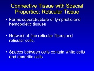 Connective Tissue with Special Properties: Reticular Tissue Forms superstructure of lymphatic and hemopoietic tissues  Network of fine reticular fibers and reticular cells.  Spaces between cells contain white cells and dendritic cells 