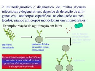 2. Imunodiagnóstico: o  diagnóstico  de  muitas  doenças  infecciosas e degenerativas, depende da detecção de antí- genos e/ou  anticorpos específicos  na circulação ou  nos tecidos, usando anticorpos monoclonais em imunoensaios. anticorpos monoclonais aglutinação Exemplo: reação de aglutinação em latex Para a imunodosagem de hormônios, marcadores tumorais e de outras proteínas séricas, sempre se usa  anticorpos monoclonais   soro do paciente  contendo antígeno com vários epitopos idênticos partículas de latex adsorvidas com os monoclonais 