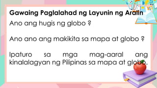 Gawaing Paglalahad ng Layunin ng Aralin
Ano ang hugis ng globo ?
Ano ano ang makikita sa mapa at globo ?
Ipaturo sa mga mag-aaral ang
kinalalagyan ng Pilipinas sa mapa at globo.
 