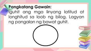 Pangkatang Gawain:
Iguhit ang mga linyang latitud at
longhitud sa loob ng bilog. Lagyan
ng pangalan ng bawat guhit.
 