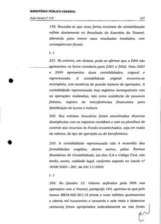 MINISTÉRIO PÚBLICO FEDERAL

    Ação Penal n° 470                                                                 167

                  199. Ressalta-se que essa forma incorreta de contabilização
                 reflete diretamente no Resultado do Exercícío da Visanet,
                 alterando para menor seus resultados imediatos,                  com
                 conseqüências fIScais.

                 (...)

                 201. No entanto, em síntese, pode-se afirmar que a DNA não
        ____ ,apresentou os livros contábeis para Z001 e 2002. Para 2003
                 e        2004   apresentou       duas   contabilidades,   original    e



•                reprocessada.          A    contabilidade     original
                 incompleta, com ausência de grande número de operações. A
                                                                           encontra-se


                 contabilidade reprocessada traz registros incompatíveis com
                 as operações realizadas, tais como existência de passivos
                 fictícios,      registro   de    transferências   financeiras   para
                 distribuição de lucros e mútuos.

                 202. Nos extratos bancários foram encontradas diversas
                 divergências com os registros contábeis e com as planilhas de
                 controle dos recursos do Fundo encaminhadas, seja em razão
                 de valores, de tipo de operação ou de beneficiários .



•                203. A contabilidade reprocessada não é revestida das
                 formalidades         exigidas,    dentre    outros,   pelas
                 Brasileiras de Contabilidade, Lei das S.A e Código Civil, não
                                                                               Normas


                 tendo, assim, validade legal, conforme exposto no Laudo n°
                 3058/2005 - INC, de 29/11/2005.

                 (.. .)

                 205. No Quadro 12: Valores auferidos pela DNA nas
                 operações com a Visanet, parágrafo 164, apontou-se que pelo
                 menos R$39.480.967,19 (trinta e nove milhões quatrocentos
                 e oitenta mil novecentos e sessenta e sete reais e dezenove
                 centavos) foram apropriados indevidamente ou não foram
 