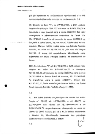 MINISTÉRIO PÚBLICO FEDERAL

    Ação Penal n° 470                                                                           177

                 que foi registrado na contabilidade reprocessada e a real
                 movimentação financeira ocorrida na conta corrente. (.. .)

                  99. Quanto ao Item "A", de 07/10/2003, a DNA efetuou
                 resgate de aplicação "BB FIX" no valor de R$401.520,00 e
                 transferiu o valor integral para a conta 603000-9. Tal valor
                 corresponde a R$400.000,00 acrescidos de CPMF. Em
                 08/10/2003, transferiu diretamente da conta 603000-9 do
                 SB para o Banco Rural, R$364. 357, 00. Ocorre que, no dia
                 seguinte, Marcos Valéria realiza saque na Agência Avenida

•                Paulista, no valor de R$364.356,55, por meio do cheque
                 413165.         O     saque foi         contabilmente identificado como
                 suprimento de caixa, situação distinta de distribuição de
                 lucros.

                  100. Em relação ao "B", de 21/10/2003, a DNA efetuou novo
                 resgate         no      valor      de    R$1.882.216,00        e     transferiu
                 R$150.000,00, diretamente da conta 602000-3, para a conta
                  06.002241-4 no Banco Rural. O restante, R$1.731.646,00,
                 foi        transferido      para    a     conta    601999-4.       Nesse       dia,



•
                 R$150.000,00 foram sacados por Marcos Valéria, no Banco
                  Rural, agência Avenida Paulista, cheque 413166.

                  (.. .)

                  111. Em outra planilha de prestação de contas das notas
                 fiscais n.o 37402,              de 13/02/2004, e n°.               39179,       de
                  13/05/2004,             nos    valores     de    R$35. 000. 000, 00       e    de
                  R$9.097.024,75, respectivamente, abrangendo os anos de
                 2004 e de 2005, Anexo 1, fls. 28 a 47, os Peritos elaboraram
                  o        Quadro     1 O,   identificando        dezesseis   das     principa·
                  destinações desses recursos, a saber:

                  (. ..)
 