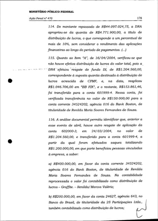 MINISTÉRIO PÜBLICO FEDERAL

    Ação Penal nO 470                                                              178

                  114. Do montante repassado de R$44. 097. 024, 75, a DNA
                  apropriou-se da quantia de R$4. 771.900,00, a título de
                  distribuição de lucros, o que corresponde a um percentual de
                  mais de 10%, sem considerar o rendimento das aplicações
                  financeiras ao longo do periodo de pagamentos. (... )

                  115. Quanto ao Item "A", de 16/04/2004, verificou-se que
                  não houve efetiva distribuição de lucros do valor total, pois a
       --   ~   --DN,<f--efetuou -resgate de fundo DI, de R$1.204.560,00,
                  correspondente à suposta quantia destinada à distribuição de


•                 lucros   acrescida    de      CPMF,   e,    na   data,
                  R$1.046.706,00 em "BB FIX", e o restante, R$153.861,46,
                  foi transferido para a conta 601999-4. Nessa conta, foi
                                                                             reaplicou




                  verificada transferência no valor de R$150. 000, 00 para a
                  conta corrente 34524202, agência 016 do Bank Boston, de
                  titularidade de Renilda Maria Soares Fernandes de Souza.

                  116. A análise documental pennitiu identificar que, anterior a
                  esse evento de abril, houve outro resgate de aplicação da
                  conta    602000-3,     em       24/03/2004,       no     valor   de
                  R$1.204.560,00, e transferido para a conta 601999-4, a

•                 partir   da   qual    foram     efetuados    saques      totalizando
                  R$1.200.000,00, em que parte beneficiou pessoas vinculadas
                  à empresa, a saber:


                  a) R$400. 000, 00, em favor da conta corrente 34524202,
                  agência O16 do Bank Boston, de titularidade de Renilda
                  Maria    Soares Fernandes        de   Souza.     Na    contabilidade
                  reprocessada o valor foi contabilizado como distribuição de
                  lucros - araffite. - Renilda/ Marcos Valério;

                  b) R$200.000,00, em favor da conta 24627, agência 643, no
                  Banco do Brasil, de titularidade da 2S Participações Ltda.,
                  também contabilizado como distribuição de lucros;
 