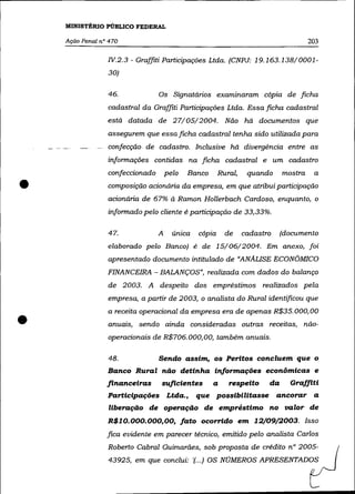 MINISTÉRIO PÚBLICO FEDERAL

    Ação Penal n° 470                                                                 203

                 IV. 2. 3 - Graffiti Participações Ltda. (CNPJ: 19.163.138/0001-
                 30)

                 46.             Os Signatários examznaram cópia de ficha
                 cadastral da Graffiti Participações Ltda. Essa ficha cadastral
                 está datada de 27/05/2004. Não há documentos que
                 assegurem que essa ficha cadastral tenha sido utilizada para
                 confecção de cadastro. Inclusive há divergência entre as
                 informações contidas na ficha cadastral e um cadastro
                 confeccionado       pelo   Banco       Rural,    quando     mostra    a

•                composição acionária da empresa, em que atribui participação
                 acionária de 67% à Ramon Hollerbach Cardoso, enquanto, o
                 informado pelo cliente é participação de 33,33%.

                 47.             A     única   cópia      de     cadastro   (documento
                 elaborado pelo Banco) é de 15/06/2004. Em anexo, foi
                 apresentado documento intitulado de "ANALISE ECONÔMICO
                 FINANCEIRA - BALANÇOS", realizada com dados do balanço
                 de 2003. A despeito dos empréstimos realizados pela
                 empresa, a partir de 2003, o analista do Rural identificou que



•
                 a receita operacional da empresa era de apenas R$35. 000, 00
                 anuais, sendo ainda consideradas outras receitas, não-
                 operacionais de R$706.000,00, também anuais.

                 48.             Sendo assim, os Peritos concluem que o
                 Banco Rural não detinha informações econômicas e
                 financeiras     suficientes        a      respeito     da     Graffiti
                 Participações Ltda.,          que possibilitasse ancorar a
                  liberação de operação de empréstimo no valor de
                 R$10.000.000,00, fato ocorrido em 12/09/2003. Isso
                 fica evidente em parecer técnico, emitido pelo analista Carlos
                 Roberto Cabral Guimarães, sob proposta de crédito n° 2005-
                 43925, em que cone/ui: '(.. .) OS NÚMEROS APRESENTADOS
 