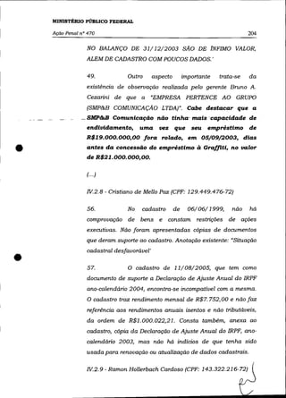 MINISTÉRIO PÚBLICO FEDERAL

    Ação Penal n° 470                                                               204

                 NO BALANÇO DE 31/12/2003 SÃO DE lNFIMO VALOR,
                 ALEM DE CADASTRO COM POUCOS DADOS.'


                  49.           Outro      aspecto        importante   trata-se     da
                 existência de observação realizada pelo gerente Bruno A.
                  Cezarini de   que   a    "EMPRESA        PERTENCE AO           GRUPO
                 (SMP&B COMUNICAÇÃO LTDAr. Cabe destacar que a
               - SMP&B Comunicação não tinha- mais ·capacidade de
                 endividamento,       uma    vez que seu empréstimo de
                 R$19.000.000,00 fora rolado, em 05/09/2003, dias


•                antes da concessão do empréstimo à Grafflti, no valor
                 de R$21.000.000,00.

                 (... )


                 IV.2.8 - Cristiano de Mello Paz (CPF: 129.449.476-72)


                 56.            No    cadastro       de     06/06/1999,      não    há
                 comprovação    de    bens   e   constam       restrições   de    ações
                 executivas. Não foram apresentadas cópias de documentos
                 que deram suporte ao cadastro. Anotação existente: "Situação



•
                 cadastral desfavorável'


                 57.            O cadastro de 11/08/2005, que tem como
                 documento de suporte a Declaração de Ajuste Anual do IRPF
                 ano-calendário 2004, encontra-se incompatível com a mesma.
                 O cadastro traz rendimento mensal de R$7. 752,00 e não faz
                 referência aos rendimentos anuais isentos e não tributáveis,
                 da ordem de R$1.000.022,21. Consta também, anexa ao
                 cadastro, cópia da Declaração de Ajuste Anual do IRPF, ano-
                 calendário 2003, mas não há indícios de que tenha sido
                 usada para renovação ou atualização de dados cadastrais.


                 IV. 2. 9 - Ramon Hollerbach Cardoso (CPF: 143.322.216-72)
 