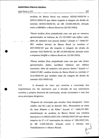 MINISTÉRIO PÚBLICO FEDERAL

    Ação Penal n° 470                                                          207

                 analista do Banco Rural nos mútuos 00202/0009/04 e
                 00912/0009/04 que dizem respeito à rolagem da dívida do
                 contrato 00345/0009/03, de R$ 19.000.000,00, firmado
                 entre a SMP&B e o Banco Rural em 26/05/2003).

                  "Nossa análise ficou prejudicada uma vez que os números

                 apresentados no balanço de 31/12/2003 são ínfimo valor,
                 além de cadastro-com poucos dados.-" (Laudo n. o 1666/07-
                 INC:    análise técnica do Banco Rural no contrato n°
                 267/0009/05 que diz respeito à rolagem da dívida do

•                 contrato 552/0009/03, de R$ 10.000.000,00, firmado entre
                 a empresa Graffiti e o Banco Rural em 12/09/2003).

                  "Nossa análise ficou prejudicada uma vez que não foram

                  apresentados     dados     contábeis   relativos   aos   últimos
                 exercícios, além de cadastro com poucos dados." (Laudo n. o
                  1666/07-lNC: análise técnica do Banco Rural no contrato n°
                  913/0009/04 que também trata da rolagem da dívida do
                  contrato 552/0009/03).

    417 .             A situação de risco que envolvia a concessão dos


•   empréstimos era tão alarmante que a decisão de sua assinatura
    envolvia a própria diretoria da instituição, sendo necessário o voto dos
    seus principais dirigentes:

                  "Proposta de renovação que envolve 'risco banqueiro'. Como
                  crédito, não há o que se discutir. Obs.: Necessários os votos
                  do José Roberto e da Kátia." (Laudo n.o 1666/07-INC:
                  manifestação do analista do Banco Rural nos créditos
                  bancários nOs 00633/0037/04 e 00926/0037/04 que dizem
                  respeito às   sa e 6 a renovações   do mútuo n° 396/0037/03,
                 de     R$   3.000.000,00,    firmado    entre   o   Partido   dos
                 Trabalhadores e o Banco Rural).
 