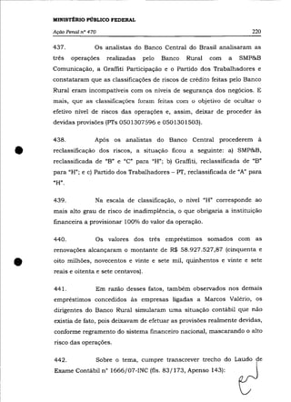 MINISTÉRIO PÚBLICO FEDERAL

    Ação Penal n° 470                                                       220

    437.            Os analistas do Banco Central do Brasil analisaram as
    três    operações      realizadas   pelo   Banco   Rural   com   a   SMP&B
    Comunicação, a Graffiti Participação e o Partido dos Trabalhadores e
    constataram que as classificações de riscos de crédito feitas pelo Banco
    Rural eram incompatíveis com os níveis de segurança dos negócios. E
    mais, que as classificações foram feitas com o objetivo de ocultar o
    efetivo nível de riscos das operações e, assim, deixar de proceder às
    devidas provisões (PTs 0501307596 e 0501301503).

    438 .           Após os analistas do Banco Central procederem à


•   reclassificação dos nscos, a situação ficou a seguinte: a) SMP&B,
    reclassificada de "B" e "C" para "H"; b) Graffiti, reclassificada de "B"
    para "H"; e c) Partido dos Trabalhadores - PT, reclassificada de "A" para
    "H" .

    439.            Na escala de classificação, o nível uH" corresponde ao
    mais alto grau de risco de inadimplência, o que obrigaria a instituição
    financeira a provisionar 100% do valor da operação.

    440.            Os valores dos três empréstimos somados com as
    renovações alcançaram o montante de R$ 58.927.527,87 (cinquenta e


•   oito milhões, novecentos e vinte e sete mil, quinhentos e vinte e sete
    reais e oitenta e sete centavos).

    441.            Em razão desses fatos, também observados nos demais
    empréstimos concedidos às empresas ligadas a Marcos Valéria, os
    dirigentes do Banco Rural simularam uma situação contábil que não
    existia de fato, pois deixavam de efetuar as provisões realmente devidas,
    conforme regramento do sistema financeiro nacional, mascarando o alto
    risco das operações.

    442.                Sobre o tema, cumpre transcrever trecho do Laudo de
    Exame Contábil n° 1666/07-INC (fls. 83/173, Apenso 143):
 