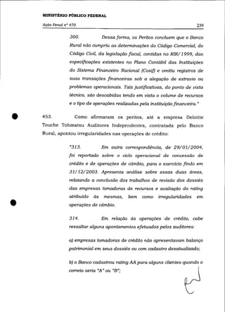 MINISTÉRIO PÚBLICO FEDERAL

    Ação Penal n° 470                                                         239

                 300.             Dessa forma, os Peritos concluem que o Banco
                 Rural não cumpriu as determinações do Código Comercial, do
                 Código Civil, da legislação fIScal, contidas no RIR/1999, das
                 especificações existentes no Plano Contábil das Instituições
                 do Sistema Financeiro Nacional (Cosif) e omitiu registros de
                 suas transações financeiras sob a alegação de extravio ou
                 problemas operacionais. Tais justificativas, do ponto de vista
                 técnico, são descabidas tendo em vista o volume de recursos
                 e o tipo de operações realizadas pela instituição financeira. "



•   453.            Como afirmaram os peritos, até a empresa Deloitte
    Touche Tohmatsu Auditores Independentes, contratada pelo Banco
    Rural, apontou irregularidades nas operações de crédito:

                 "313.            Em outra correspondência, de 29/01/2004,
                 foi reportado sobre o ciclo operacional de concessão de
                 crédito e de operações de cãmbio, para o exercício findo em
                 31/ 12/2003. Apresenta análise sobre essas duas áreas,
                 relatando a conclusão dos trabalhos de revisão dos dossiês
                 das empresas tomadoras de recursos e avaliação do rating



•
                 atribuído   às    mesmas,   bem    como    irregularidades   em
                 operações de cãmbio.

                 314.             Em relação às operações de crédito, cabe
                 ressaltar alguns apontamentos efetuados pelos auditores:

                 a) empresas tomadoras de crédito não apresentavam balanço
                 patrimonial em seus dossiês ou com cadastro desatualizado;

                 b) o Banco cadastrou rating AA para alguns clientes quando o
                 correto seria "A" ou "B";
 